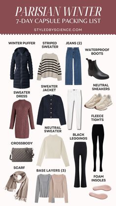 What to pack for Paris in the winter time. Stay warm while looking chic with these core pieces to help you look like a classic Parisian during your time in the city of lights. I also share some pro-packing tips on items you didn't think you needed to stay warm and comfortable during your trip. Master the art of Parisian style with this capsule wardrobe travel guide! Winter Bag Outfit, Paris Winter Travel Capsule, Ireland Packing List Winter, Winter European Travel Outfits, Winter Honeymoon Outfits, Paris Winter Outfit, Winter Capsule Wardrobe Travel, Winter Travel Wardrobe, Winter Travel Packing