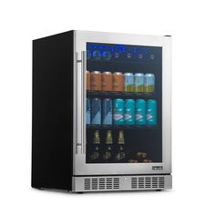 a beverage cooler with many bottles and drinks in it's door, on a white background