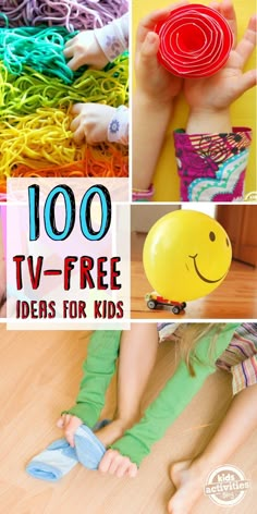 there is a collage of different pictures with words on it that say, 100 tv - free ideas for kids