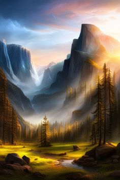 Majestic Mountain Scene at Sunrise Digital Painting Art Print Rocky Terrain, Cascading Waterfall, Nature Art Drawings, Mountain Scene, Natural Landscape, Paintings Art Prints, Vintage Art Prints, Yosemite National, Pine Trees