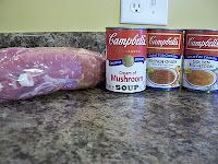 three cans of soup are sitting on the counter next to an uncooked pork