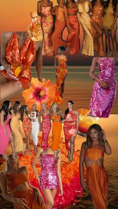 a collage of women in orange and pink dresses with flowers on the bottom, one woman wearing an orange dress