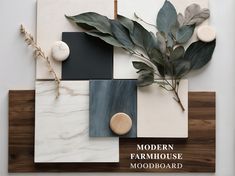 modern farmhouse mood board with wood, marble and ceramic tiles on the bottom panel