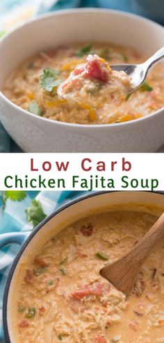 low carb chicken fajita soup in a white bowl with a wooden spoon