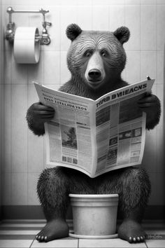 a black and white photo of a bear sitting on a toilet reading a newspaper in the bathroom