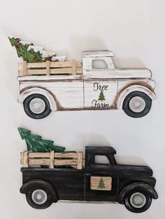 a wooden truck with a christmas tree in the back