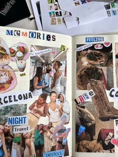 an open book with pictures of people and food on the pages that are covered in stickers