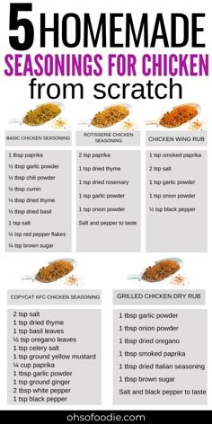 Text reads 5 Chicken Seasoning Recipes from Scratch Kfc Chicken Seasoning Recipe, Easy Chicken Seasoning Recipes, Rotisserie Chicken Seasoning Recipe, Hot Slaw Recipe, Seasonings For Chicken, Easy Chicken Seasoning, Rotisserie Chicken Seasoning