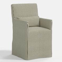 a chair that is sitting up against a white background with black and white stripes on it