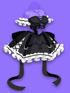 a black dress with white trims on it and a purple background is featured in the image