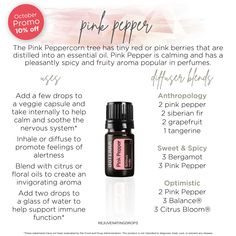 Pink Pepper Essential Oil, Essential Oils For Chakras, Doterra Diffuser, Black Pepper Oil, Black Spruce, Doterra Diffuser Blends, Essential Oil Education, Healing Essential Oils