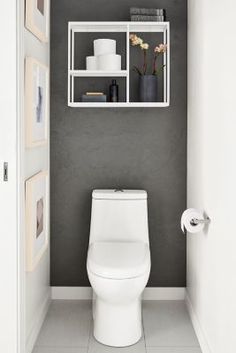 a white toilet sitting in a bathroom next to a wall mounted shelf with pictures on it