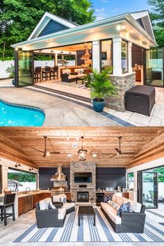 before and after pictures of a pool house with outdoor living space, covered patio, and dining area