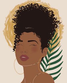 an illustration of a woman with her eyes closed and head tilted to the side, surrounded by palm leaves