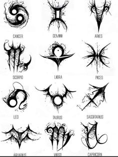 the different types of zodiac signs and their meanings in black ink on white paper, with some