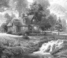 a drawing of a log cabin in the woods with a stream running through it and trees surrounding