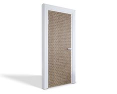 an open door on a white wall with a brown and tan pattern in the background