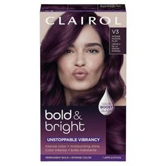 Clairol Bold & Bright Permanent Hair Dye, V3 Intense Passion Plum INTENSE COLOR + MOISTURIZING SHINE. Unstoppable vibrancy! Bold & Bright gives you vivid, vibrant color that stays true. TrueColorSeal Technology locks in color to help protect against water-fading, mazimizing vibrancy. HydraShine Conditioner moisturizes + smoothens hair. Need a boost of color? The Color Boost Glaze amplifies your color anytime you need it! Size: 1 Application. Plum Purple Hair, Clairol Beautiful Collection, Cool Tone Hair Colors, Plum Hair Color, Cabelo Pin Up, Clairol Hair Color, Clairol Hair, Hair Color Plum, Grey Hair Coverage