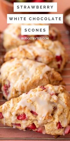 strawberry white chocolate scones on a cooling rack with text overlay that reads, strawberry white chocolate scones