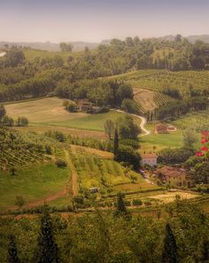 an aerial view of a lush green countryside with trees and houses in the distance, surrounded by rolling hills