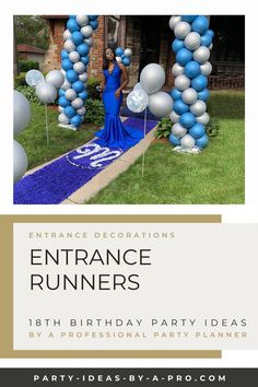 a birthday party with balloons and streamers in the shape of letters that read, entrance runners