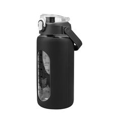 a black water bottle with a white lid and nozzles on the side, sitting against a white background