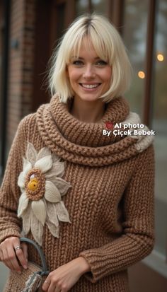 a woman with blonde hair wearing a brown sweater and holding a handbag smiling at the camera