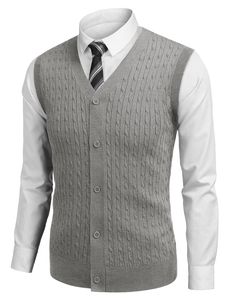 PRICES MAY VARY. 【Comfort Fabric】:This men's knit sweater vest is soft, lightweight, breathable and well elastic, which provide excellent cozy and warmth. The knitting technique pays attention to details, and the vest is simple and elegant,keep you warm and handsome this winter. 【Features】: This sweater vest has the following features: V-neck, sleeveless, five buttons, solid color, regular fit, ribbed hem, cable knit, classic cardigan design. 【Easy Match】The classic cardigan vest have six color, Gray Fitted V-neck Sweater Vest, Fitted Gray Knit Sweater Vest, Fitted Gray Sweater Vest For Winter, Button Down Sweater Vest, Mens Knit Sweater, Pants For Work, Cable Knit Vest, Sweater Vest Mens, Classic Style Outfits