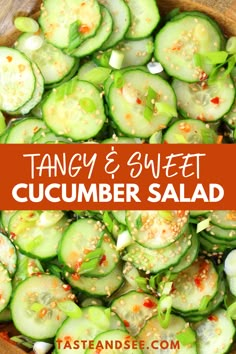 Sliced cucumbers tossed in a tangy and sweet Asian dressing. Asian Salad Cucumber, Sliced Cucumber Salad, The Salad To Bring, Asian Style Cucumber Salad, Cucumber Salad Sweet, Poke Cucumber Salad, Asian Style Cucumbers, Sweet Cucumbers