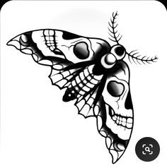 a black and white drawing of a butterfly with skulls on it's back wings