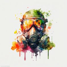 a watercolor painting of a gas mask with paint splatters all around it