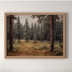 a painting on the wall of a forest with trees and grass in front of it