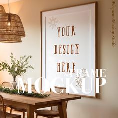 a dining room table with chairs and a large poster on the wall above it that says your design here