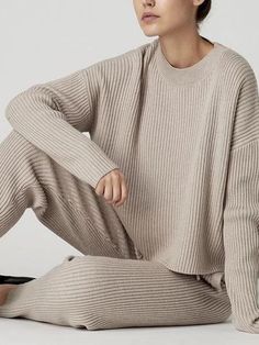 Cotton-Blend Long Sleeve Crew Neck Suits – sclinen Winter Pyjamas, Pajamas For Teens, Minimal Monochrome, Lauren Manoogian, Fall Inspiration, Trendy Swimwear, Modest Wear, Satin Pyjama Set, Pajama Set Women