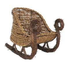 a wicker rocking chair made out of branches with a roped back and seat