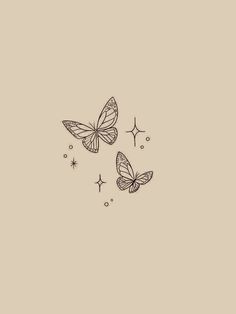 two butterflies flying in the air with stars around them on a beige background, one is black and white