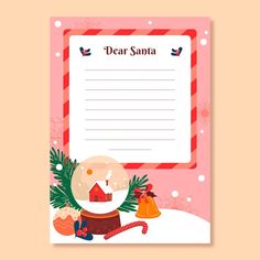 a letter to santa with a snow globe and christmas decorations on it, in front of a pink background