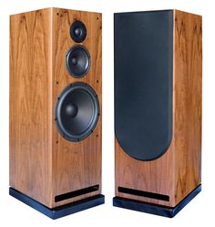 two wooden speakers are shown side by side