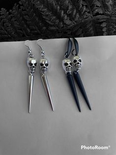 "Spooky Earrings, Horror Earrings, Skeleton Earrings, Scary Earrings, Trending Earrings, Halloween Gift, Dangle Earrings, Skeleton Gifts, Halloween Earrings, Novelty Earrings, Skeleton Jewelry, Gift For Women, Silver Earrings Available in a different colour and size, just contact me If you have any questions regarding this item, please hit the \"Ask a Question\" button next to the price and I will get back to you within 24 hours All products are 100% hand made, made with love especially for you" Gothic Skull Earrings For Halloween, Handmade Punk Drop Earrings, Metal Skull Single Earring, Black Skull Earrings For Parties, Gothic Skull Shaped Pierced Earrings, Punk Style Plug Drop Earrings Gift, Punk Drop Plug Earrings, Edgy Adjustable Earrings For Halloween, Punk Style Drop Plug Earrings