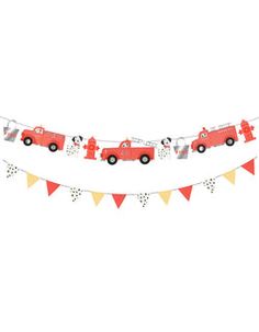 a red firetruck banner with cars on it and buntings in the background