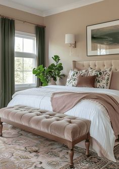 a bedroom with a large bed and a plant in the corner on top of it