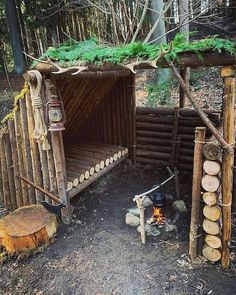 an outdoor shelter made out of logs with a fire pit in the foreground and trees around it