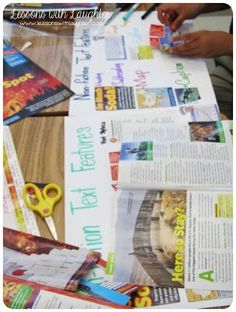 several newspapers spread out on top of a table with scissors and paper towels around them