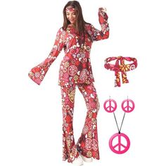 a woman wearing a peace sign costume and matching headbands with pink peace signs