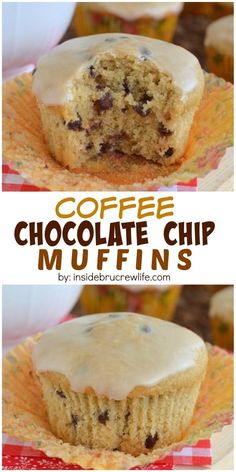 coffee chocolate chip muffins with frosting on top