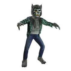 a man in a wolf costume is standing on one leg and his arms are spread out