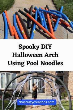 spooky diy halloween arch using pool noodles Diy Halloween Decorations Pool Noodles, Diy Halloween Decorations Outdoor Arch, Halloween Driveway Decor, Easy Diy Halloween Archway, How To Make A Tunnel For Halloween, Outdoor Decor On A Budget, Diy Tunnel Entrance, Diy Archway Halloween, Things To Make With Pool Noodles