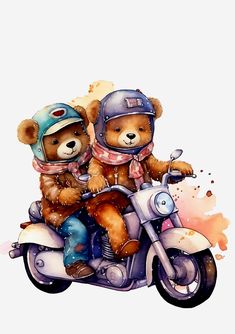 two teddy bears riding on the back of a motorcycle