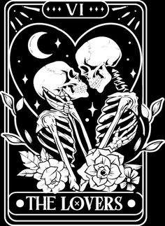 two skeletons kissing in the middle of a card