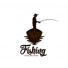 a man in a boat fishing on the water with a rod logo design for fishing